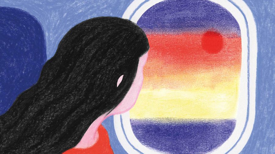 Illustration of a woman looking out a plane window