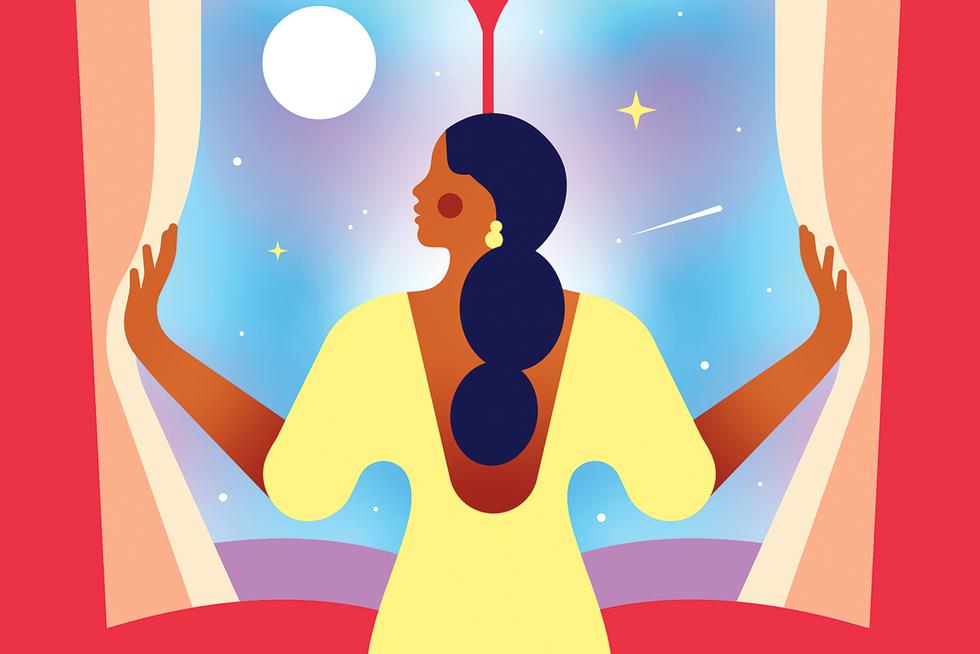 An illustration shows a woman opening a window shaped like an open book.