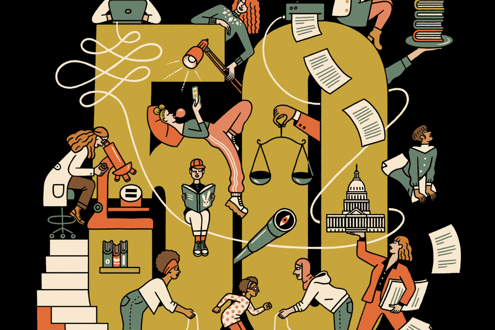 An illustration depcits the number 50 surrounded by figures of women conducting research, providing child care, and working in Washinhgton, D.C.