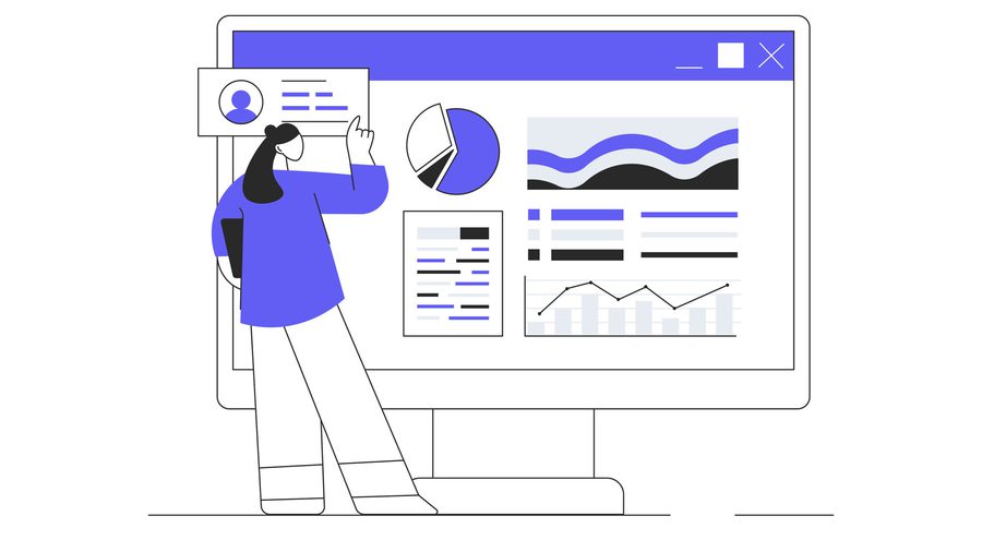 Illustration of a woman in front of an oversized computer screen, looking at data