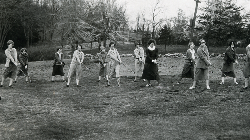 Archival photo of women playing golf at Nehoiden's present day seventh fairway.