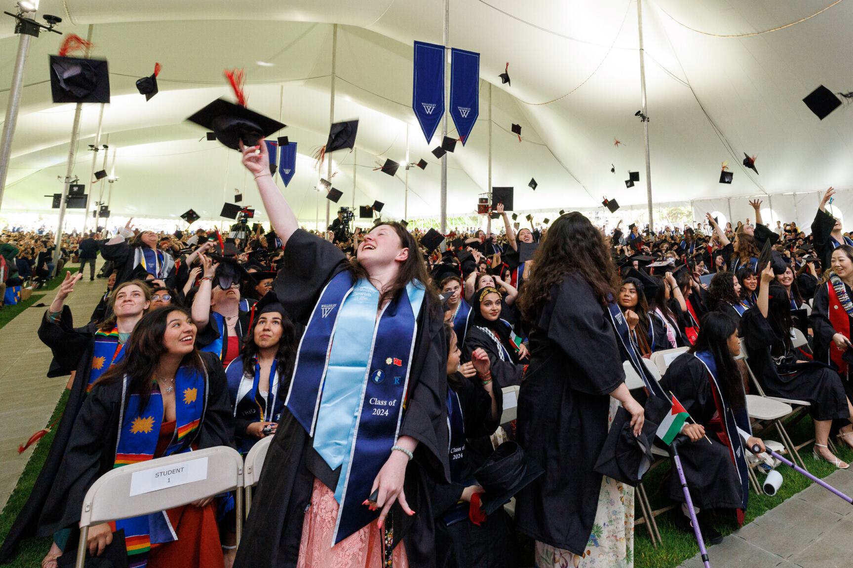 Students through up their caps at the ends of commencement