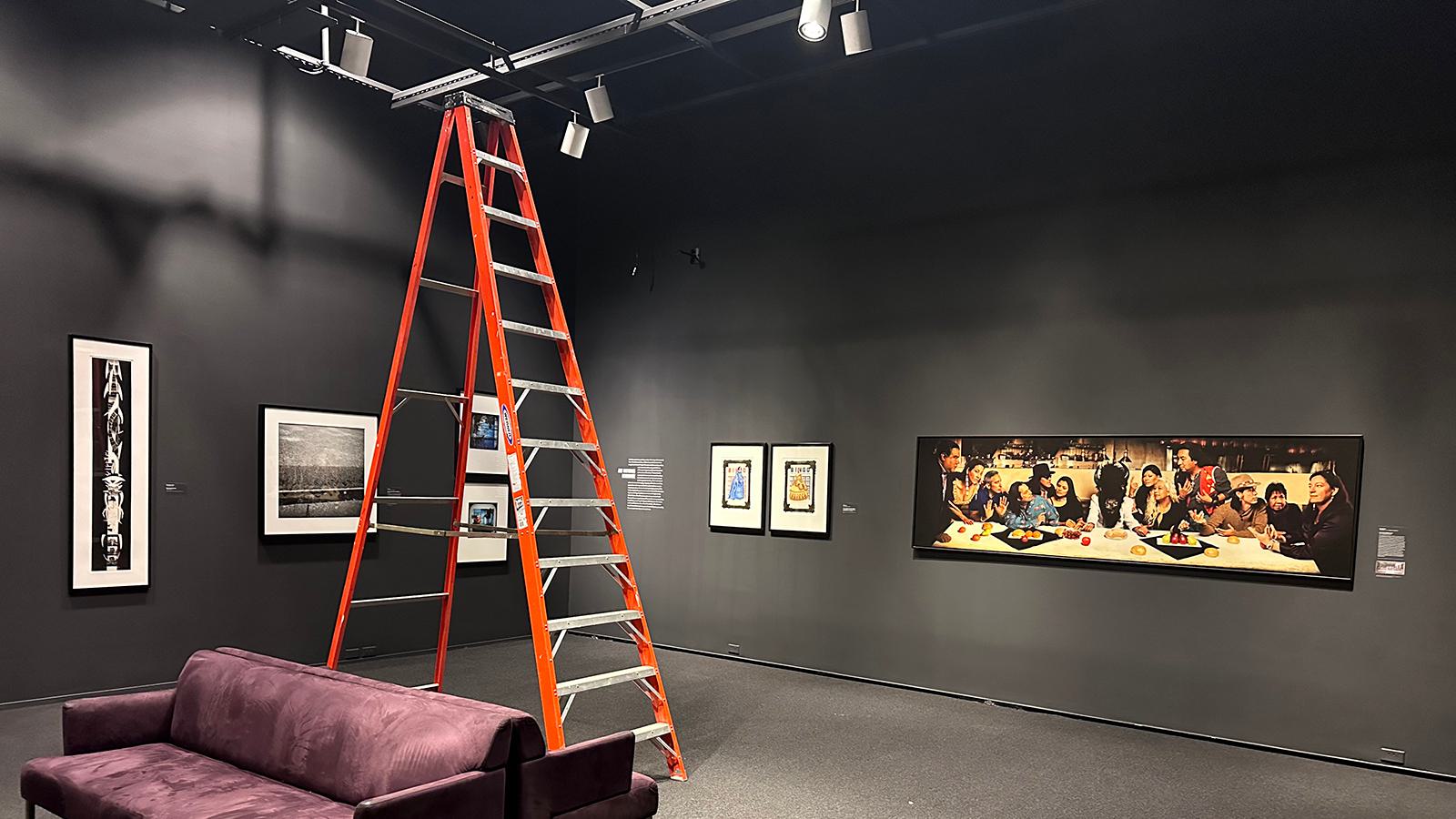 A ladder to adjust lighting in the Freedman gallery, Davis Museum at Wellesley College, Wellesley, MA