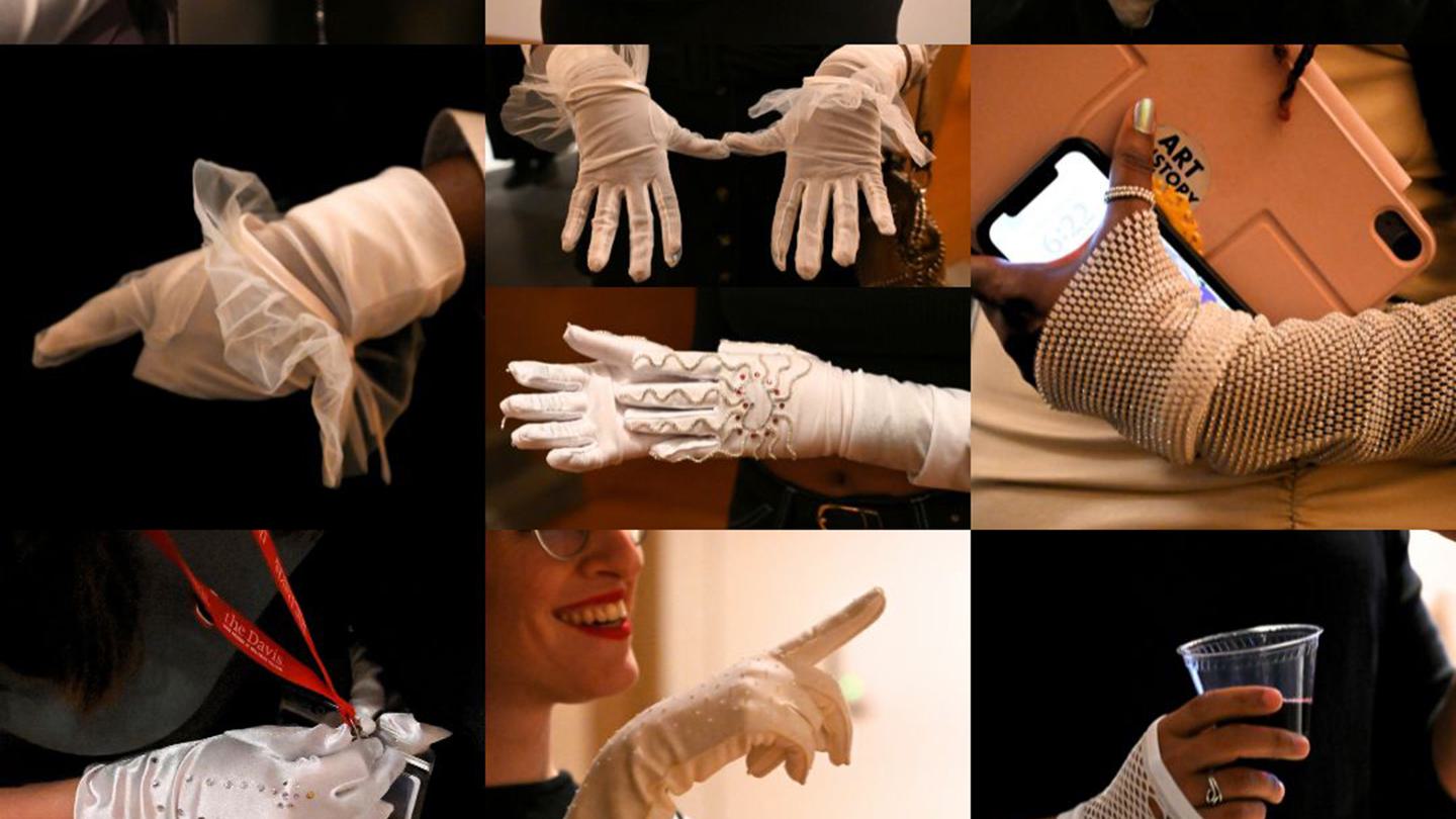 A grid of photos showing detail shots of attendees wearing white gloves.