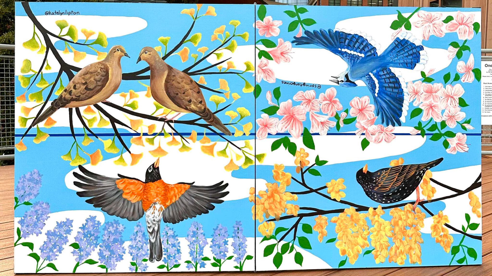 A painted ping pong table highlighting four different birds.