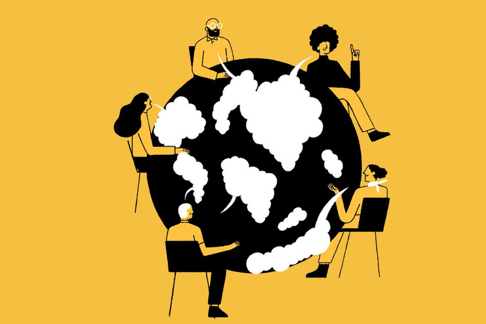 Illustration of five people sitting around a black table with white text bubbles. Background color is mustard yellow.