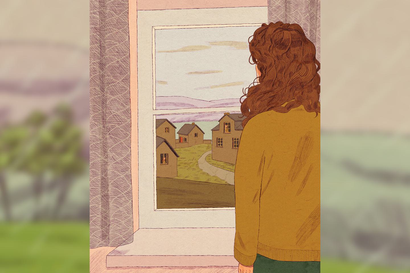 Illustration of a woman looking out a window.