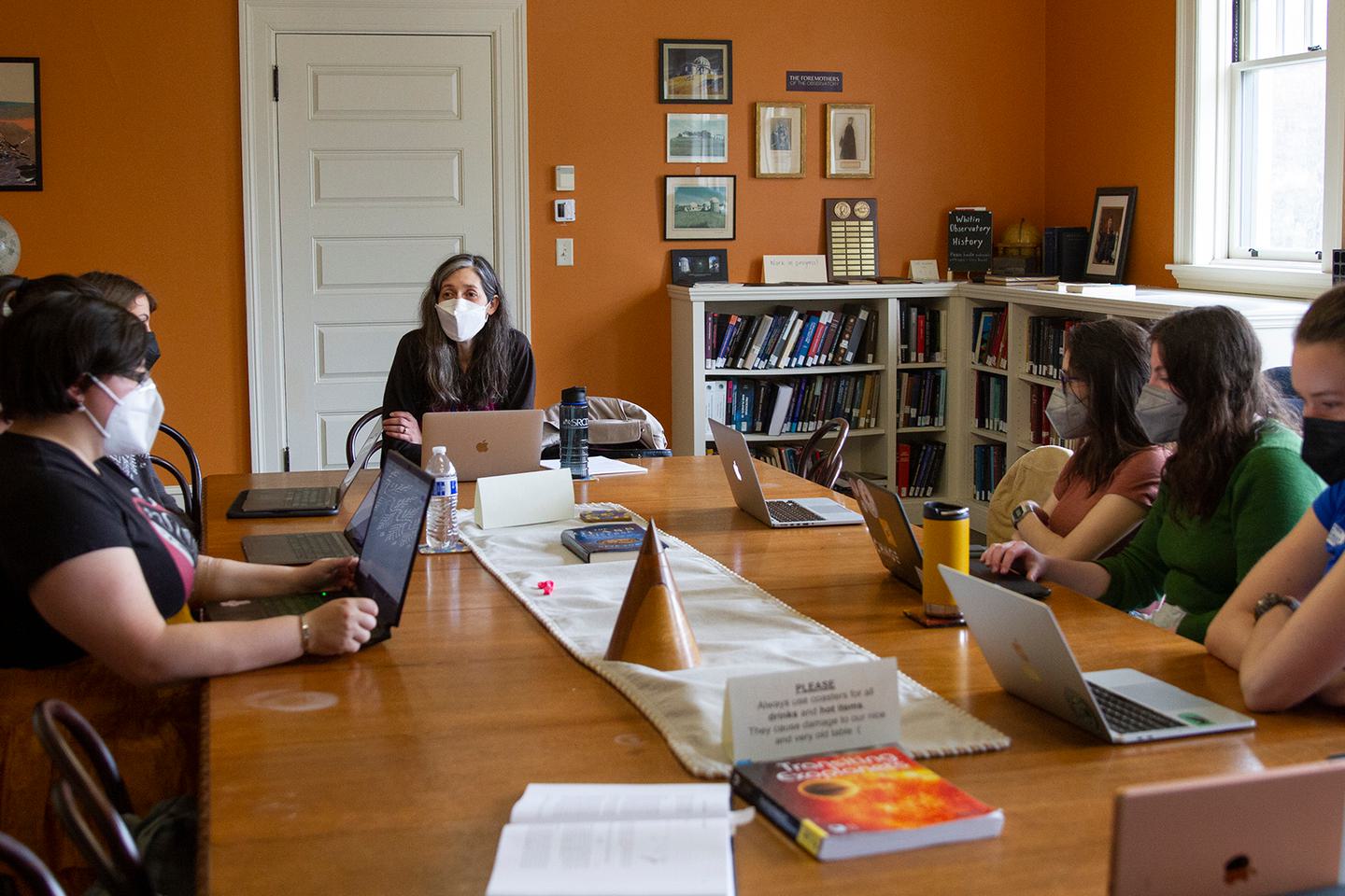 Tracy Gleason, psychology professor and faculty director of Wellesley’s Calderwood program, with students in her classroom.
