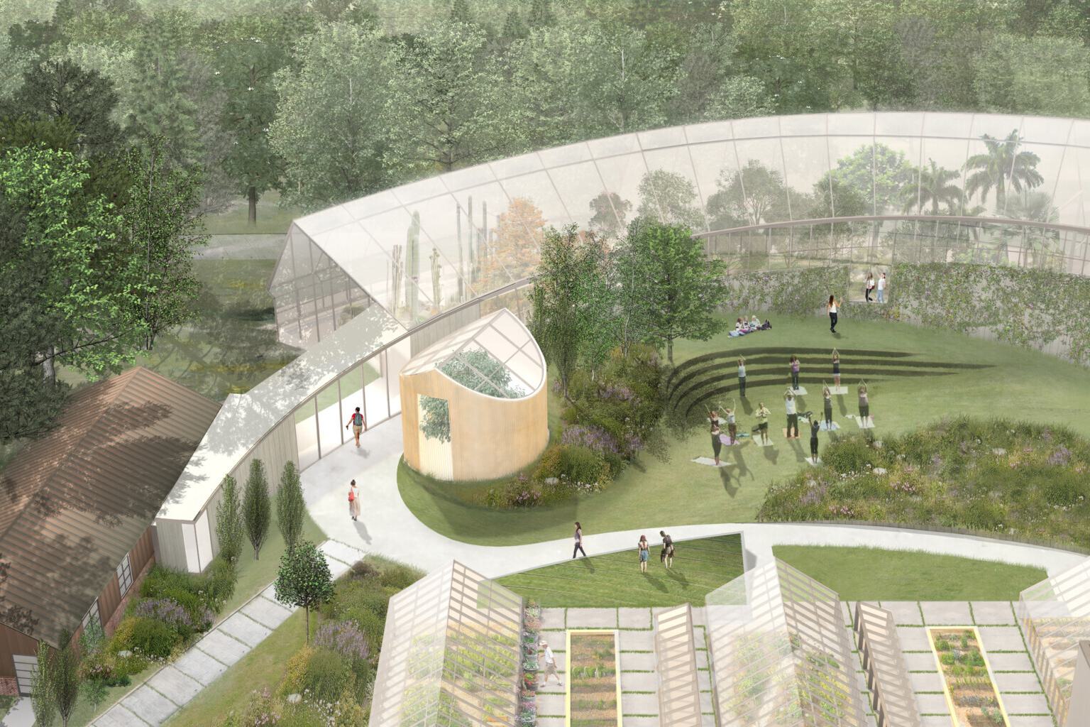 A architectural rendering of Global Flora, consisting of a greenhouse and green space
