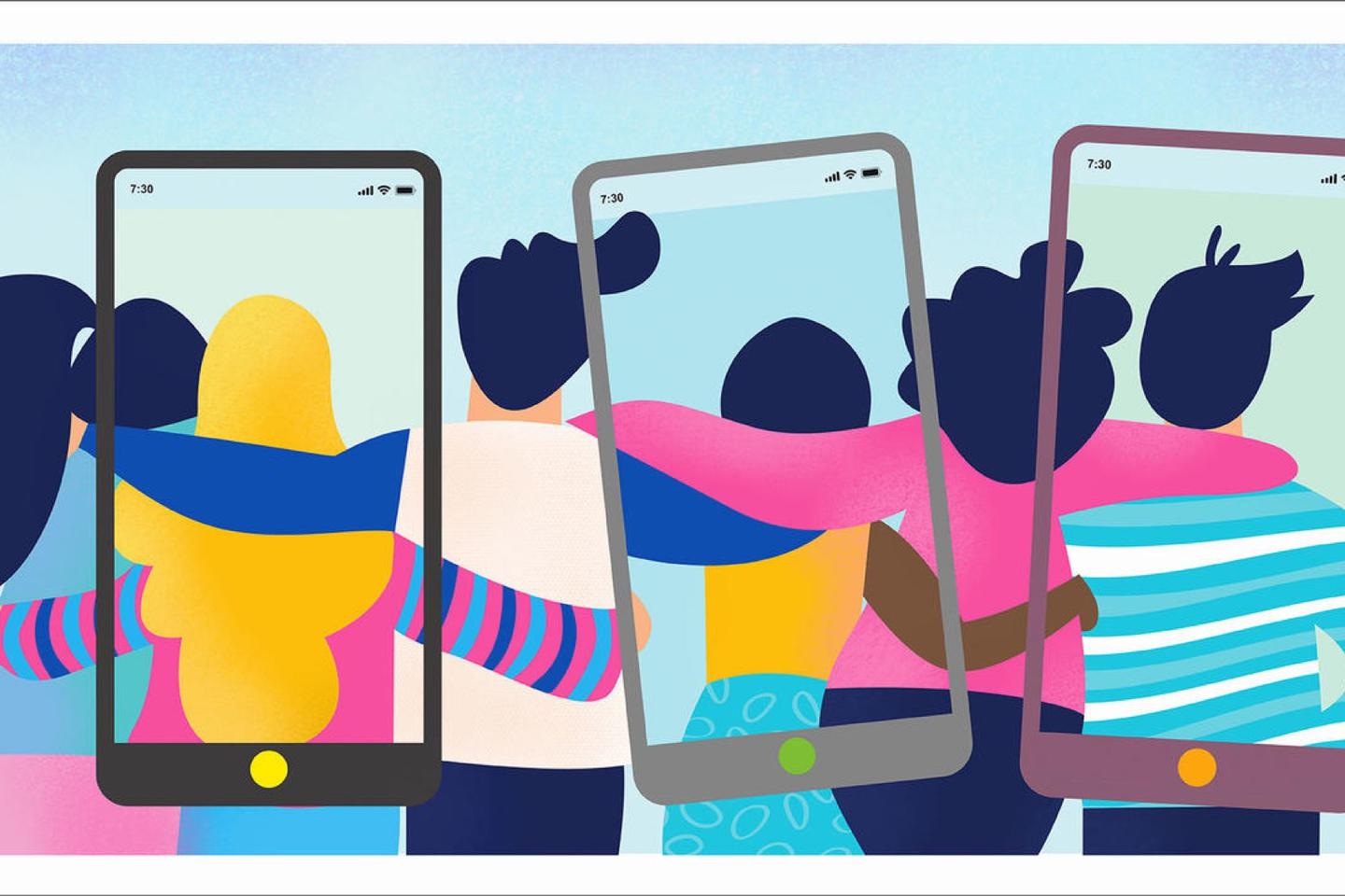 Colorful graphic of cell phones framing people with their arms around eachother.