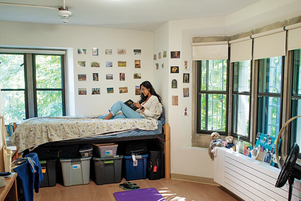 Severance House President Anjali Aralikar ’23 relaxes in her renovated dorm room.