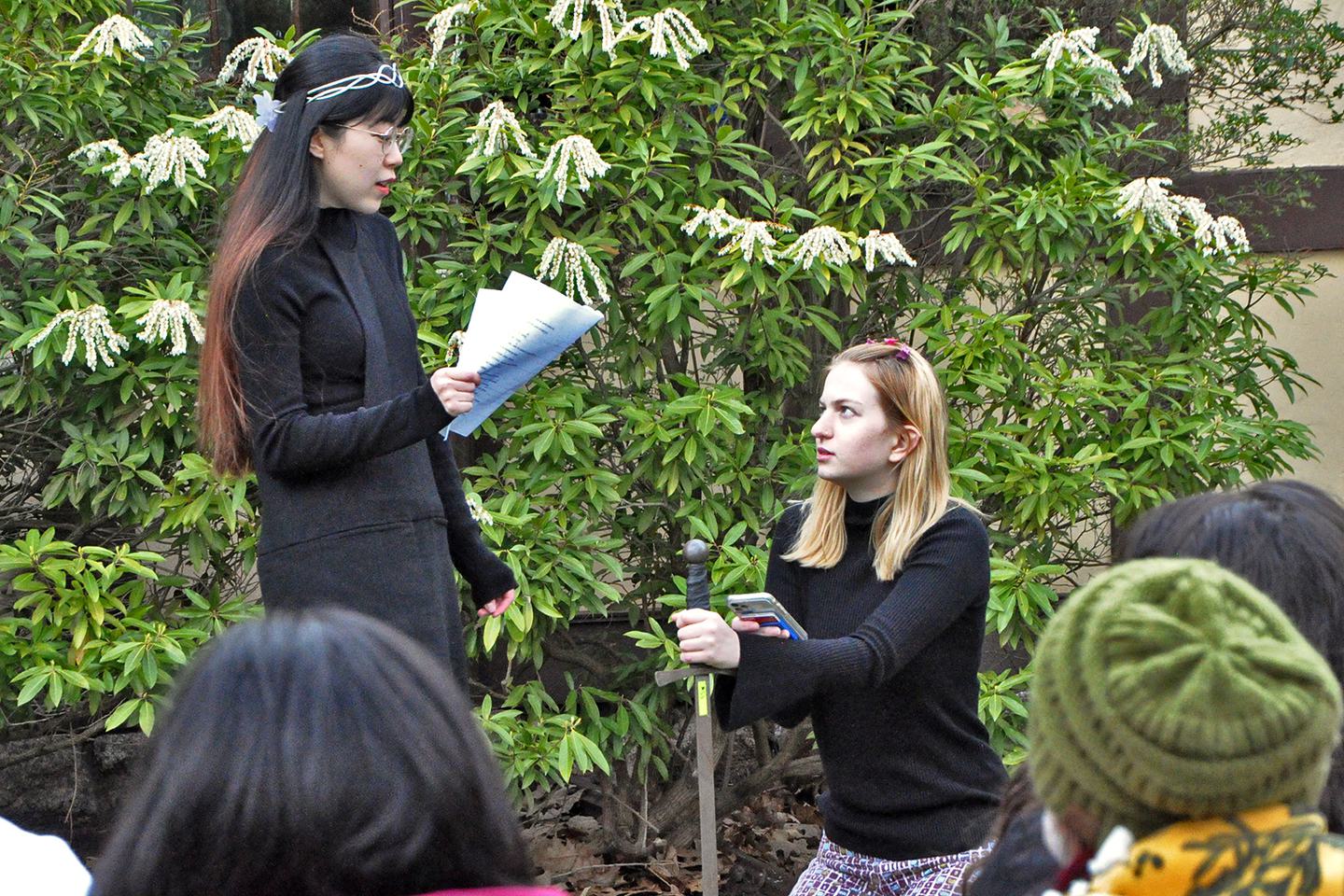 Chuxin Zhang ’24 (left) and Tekla Carlén '24 performed a scene from “Hamlet” during Shakespeare in Translation; Zhang performed