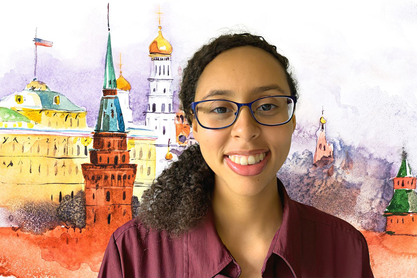 image of Kiana Nedele ’16 against a drawing of moscow