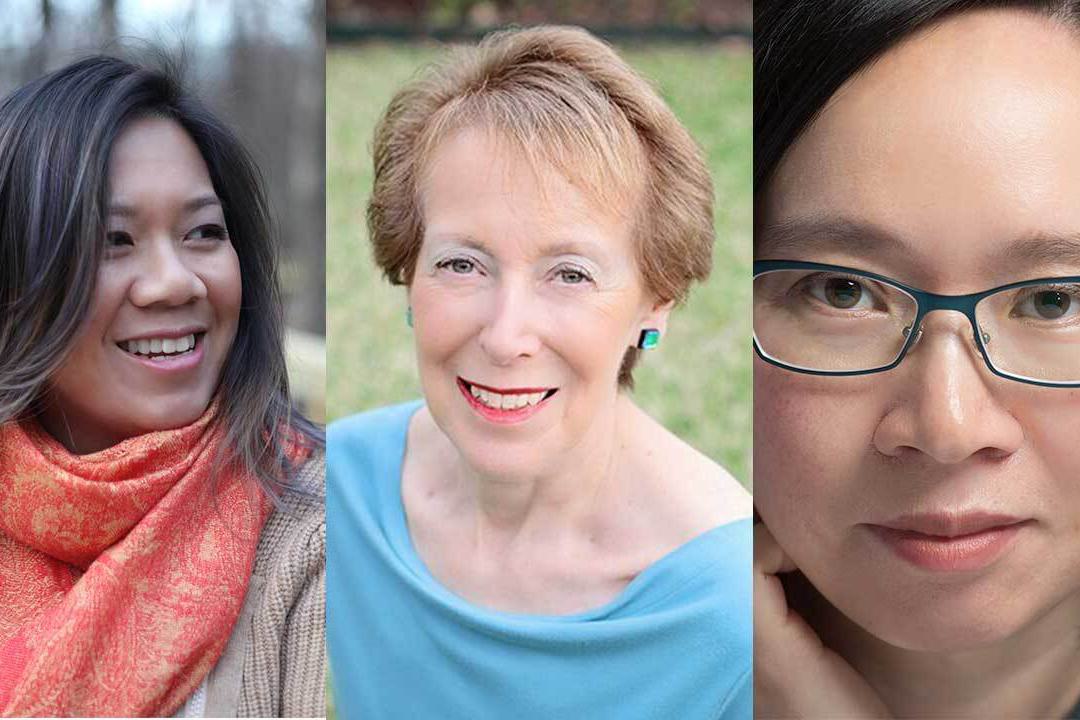 Headshots of Andrea Wang ’92, Cynthia Levinson ’67 and Malinda Lo ’96