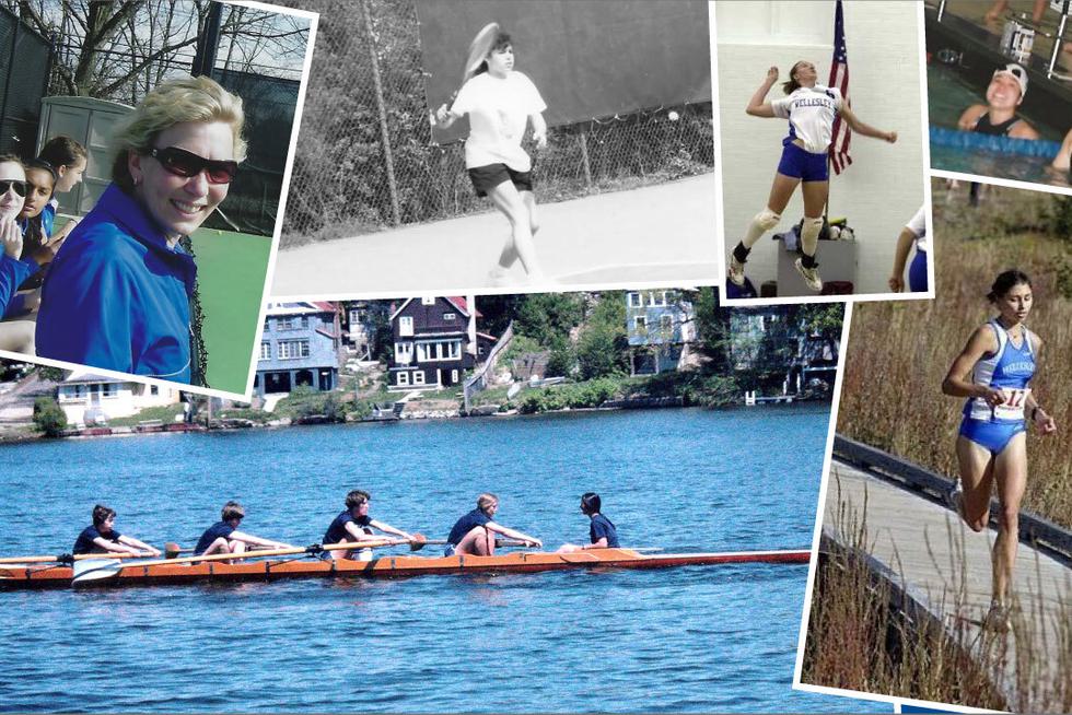 Collage of college athletes in crew, cross country, tennis, volleyball, and swimming