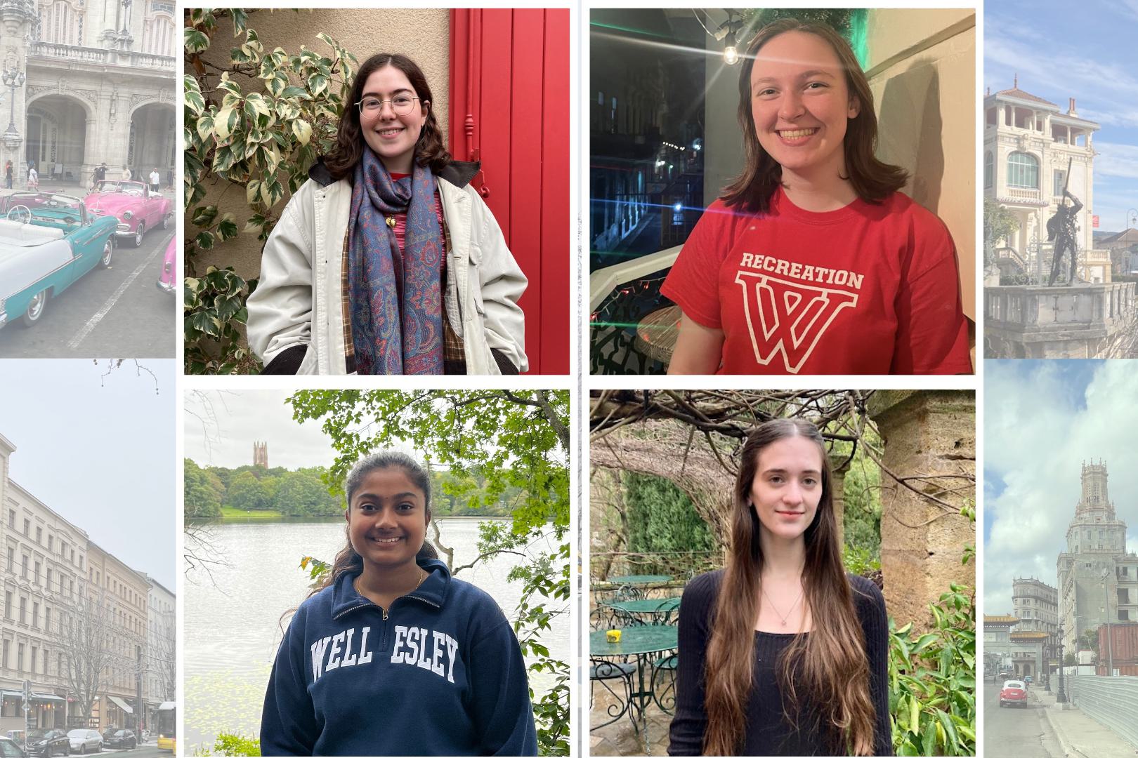 A grid showing four students and four scenes from the countries they are studying in.