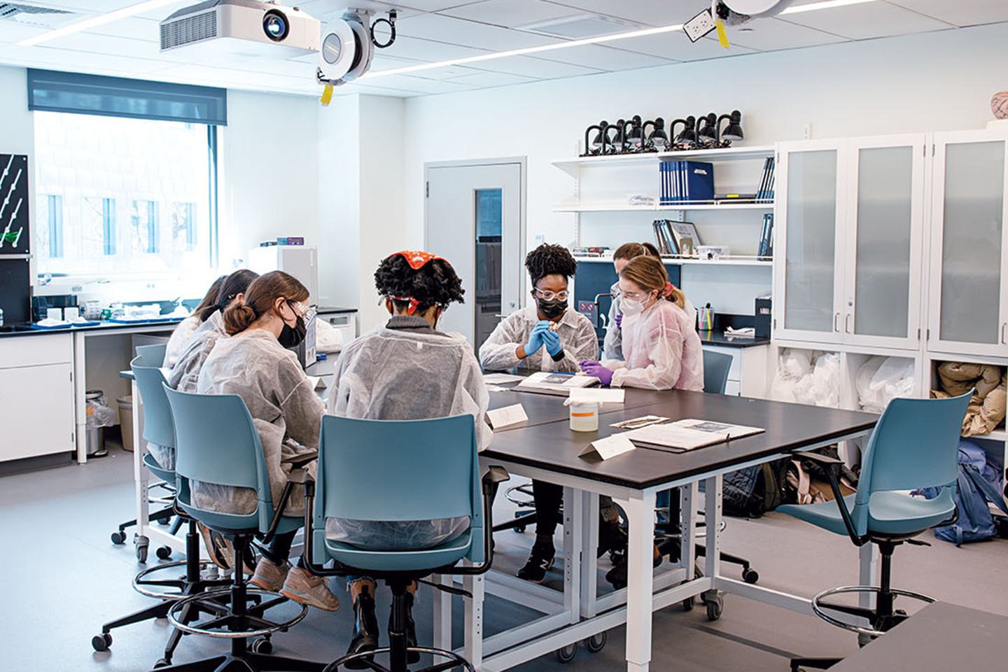 Neuroscience students work together in a spacious lab filled with natural light.