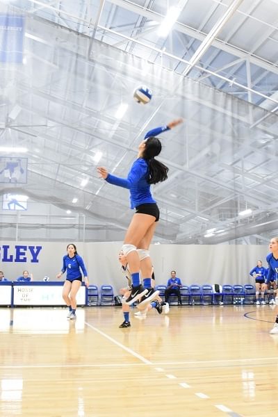 Wellesley College volleyball team player hits a volleyball across the net to the opposing team