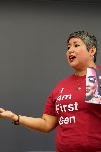 Barbara Morris Caspersen Associate Professor of Humanities and Associate Professor of Women's and Gender Studies, Irene Mata, speaks to her classroom