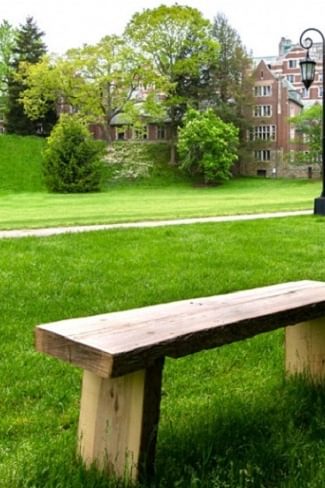 Two wooden benches, constructed by students as part of The Paulson Ecology of Place Initiative, overlook Severance Green