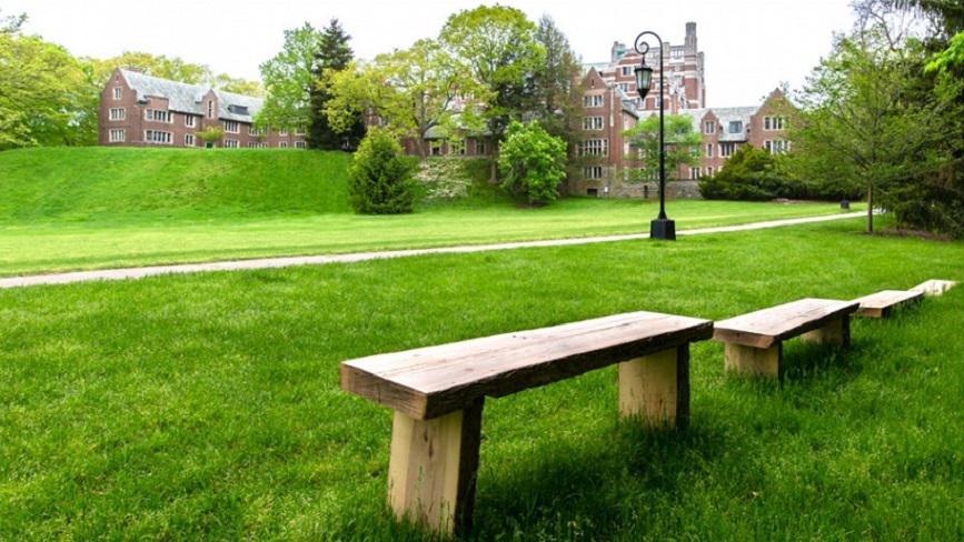 Two wooden benches, constructed by students as part of The Paulson Ecology of Place Initiative, overlook Severance Green