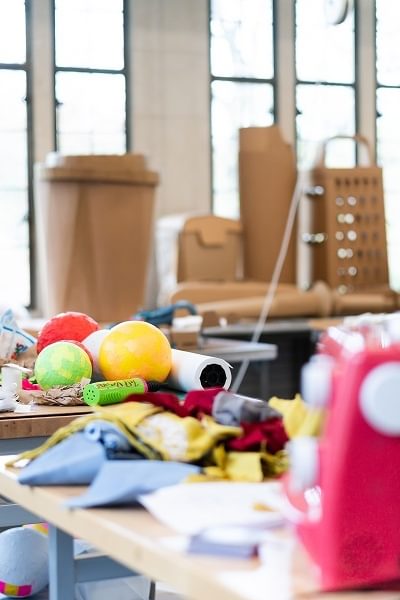 A Wellesley College student works on a mixed-media project in a new art studio within Jewetts Arts Center